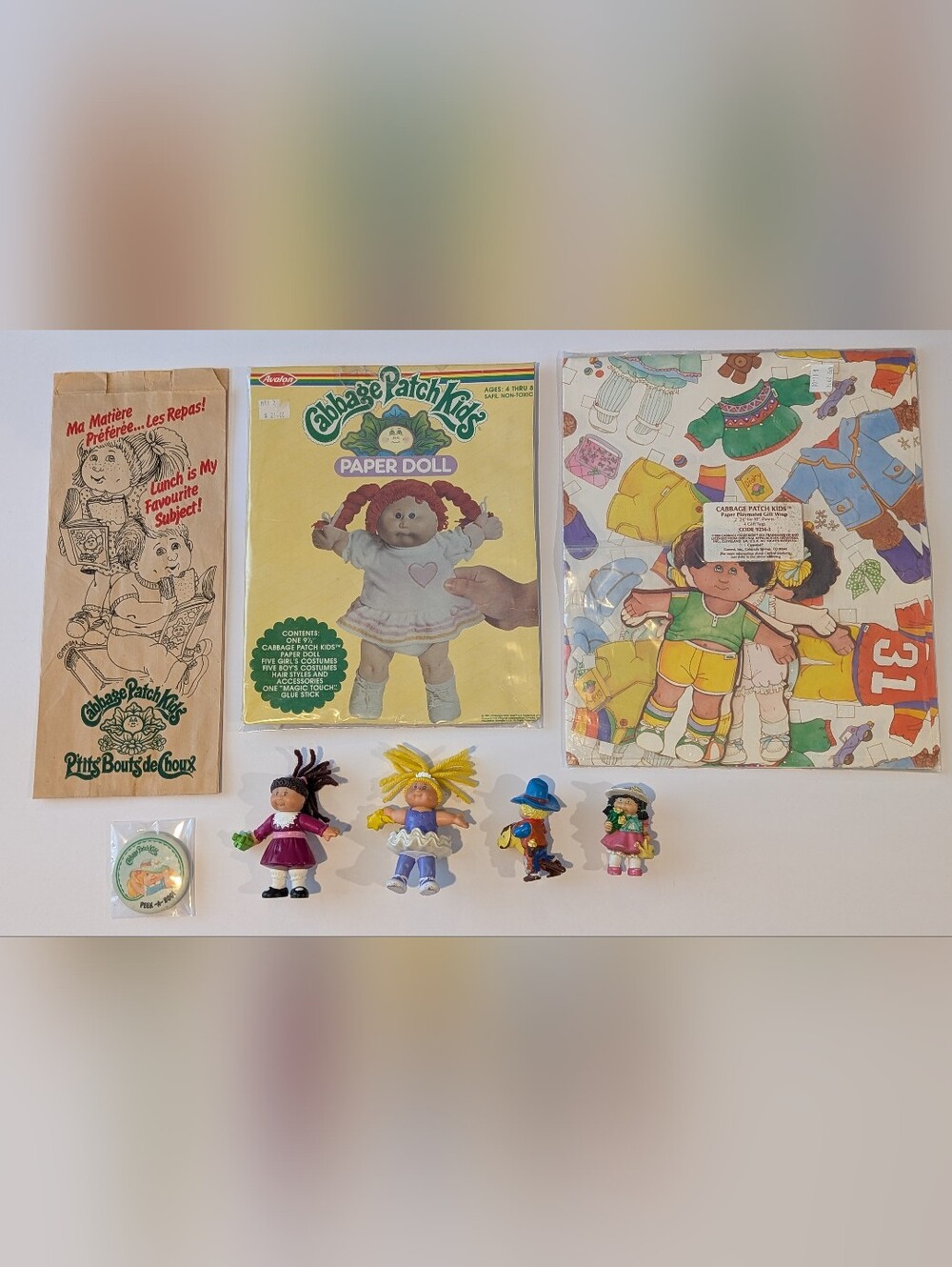 Vintage 1980's Cabbage Patch Kids Collectibles Lot - Paper Doll, Toys, Button!